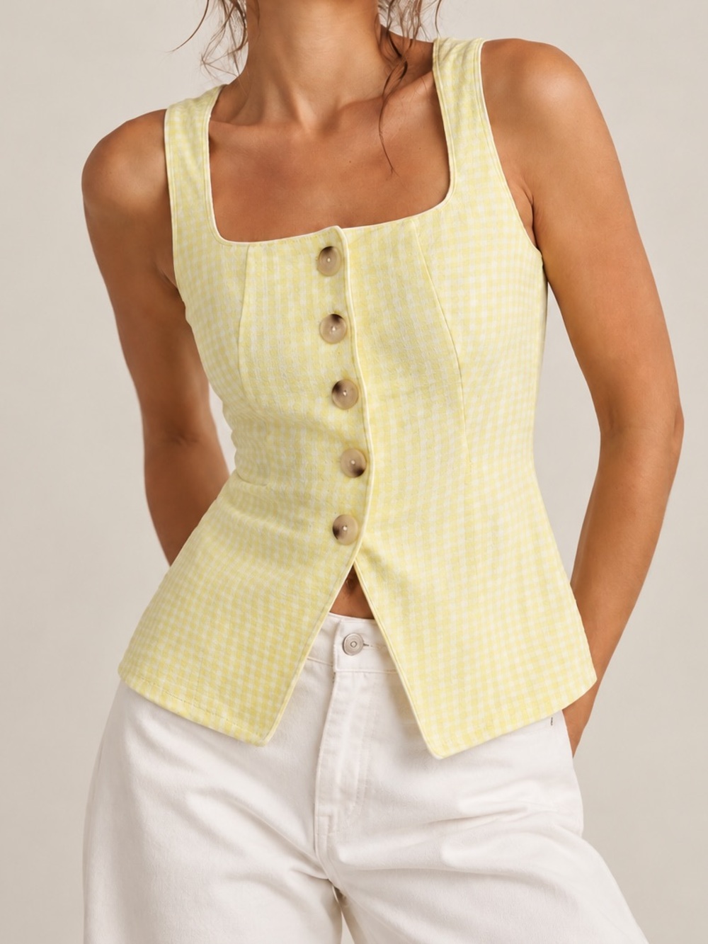 Maeve yellow and white gingham longline vest